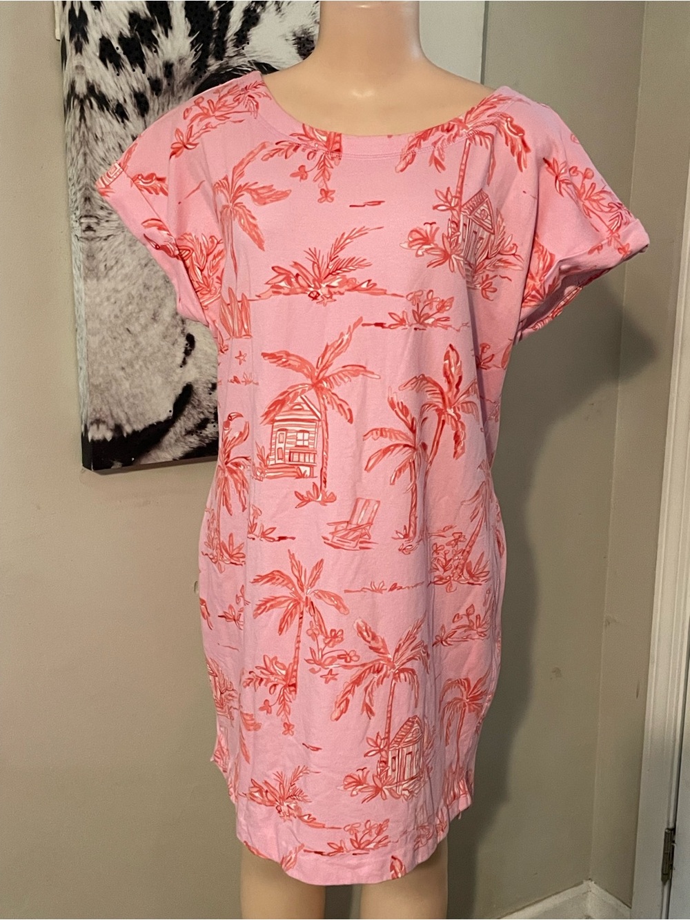 Talbots pink cotton French Terry dress beach villa pal tree tropical Hawaiian XL